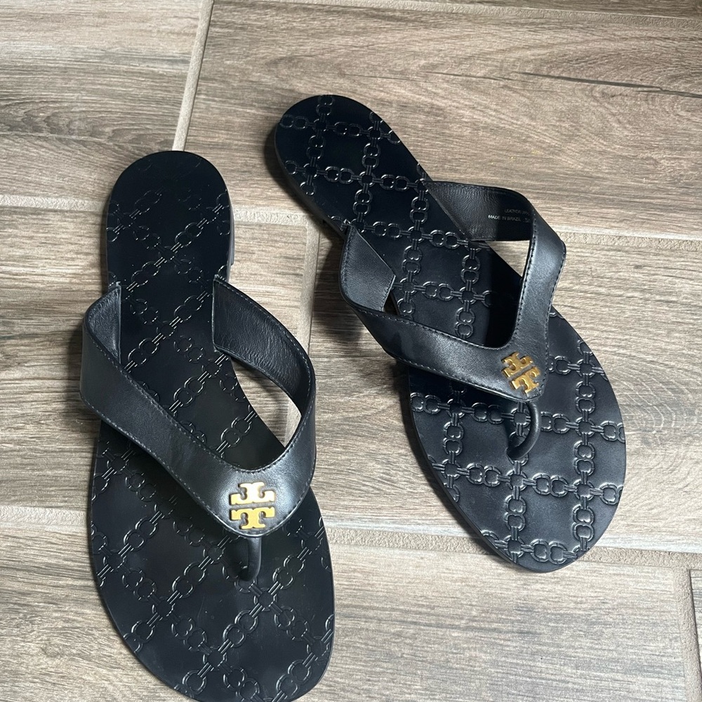 Tory Burch Black Sandals with Gold Logo